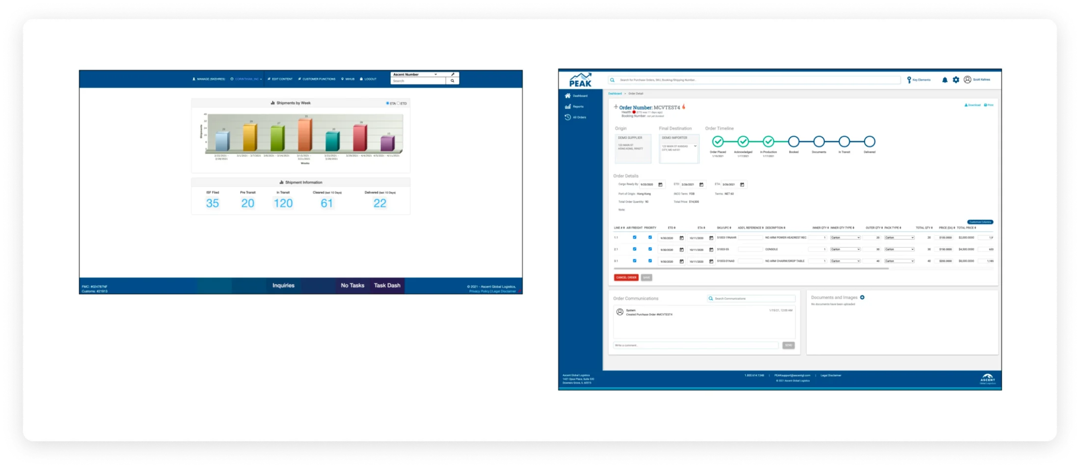 Two screens from the legacy shipment portal: a 3D bar chart of shipments by week and a dense order detail table
