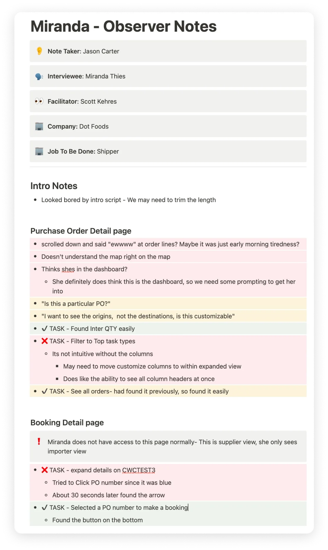 Observer notes from a usability session, with tasks colour-coded as passed or failed