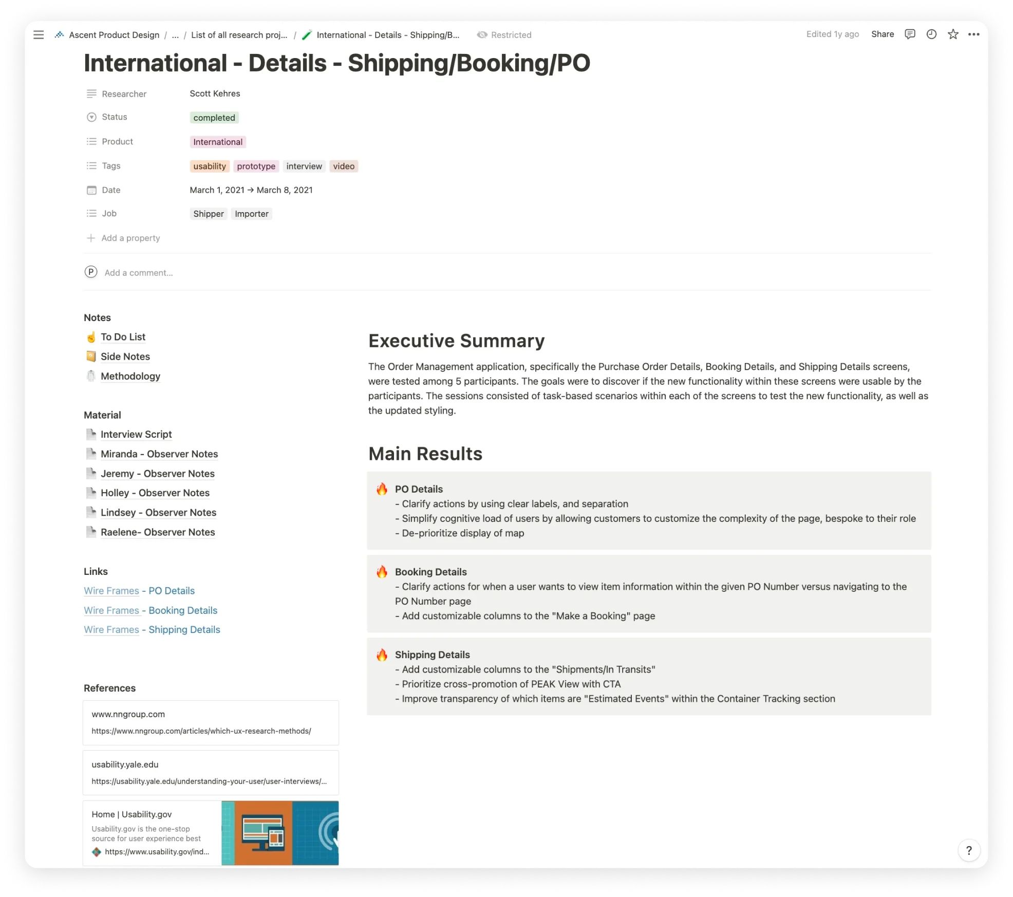 Research summary page for the shipping, booking and PO detail study, with an executive summary and main results per screen