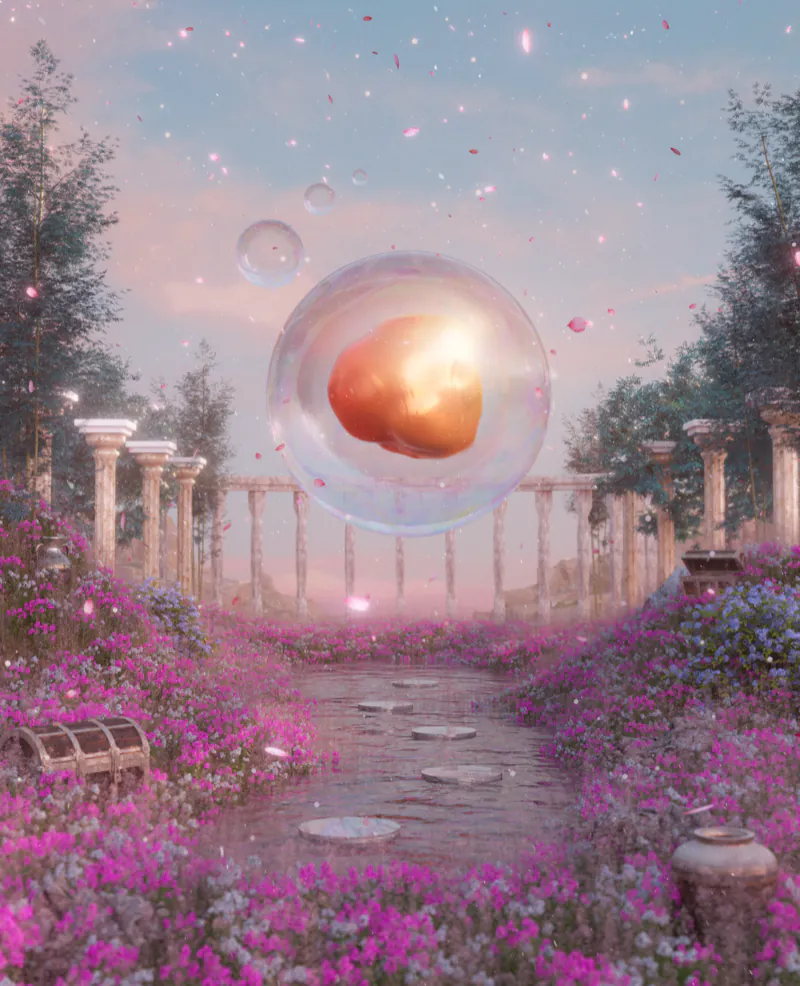 Glass orb with a glowing core hovering in a flower-lined colonnade