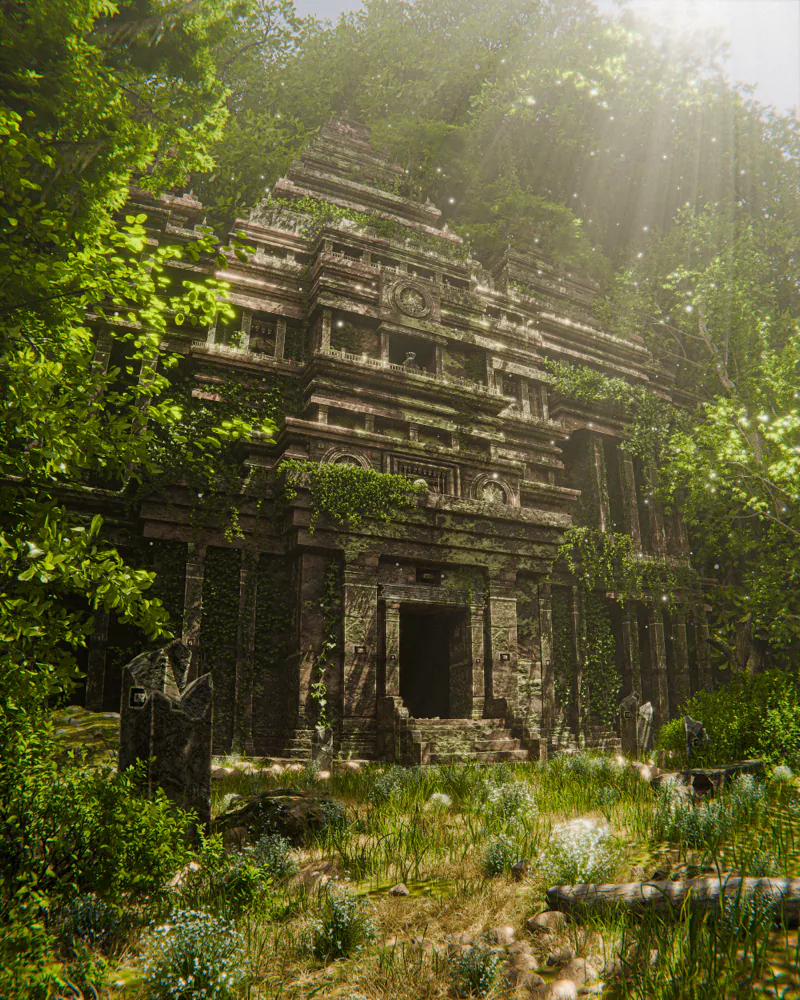 Moss-covered temple ruins in a sun-shafted jungle