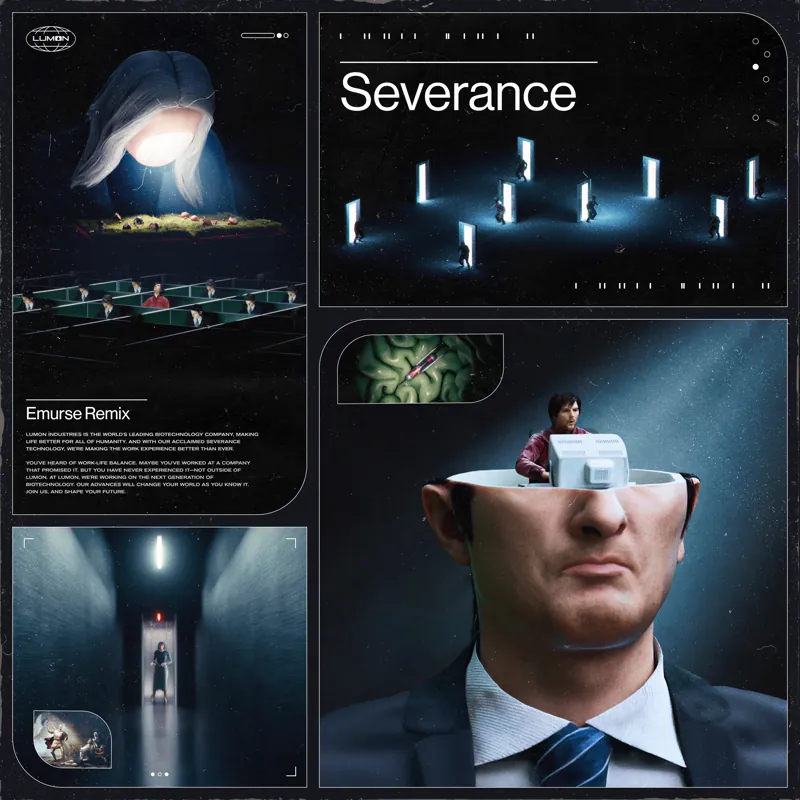 "Severance" remix poster series: four panels of office-surreal scenes