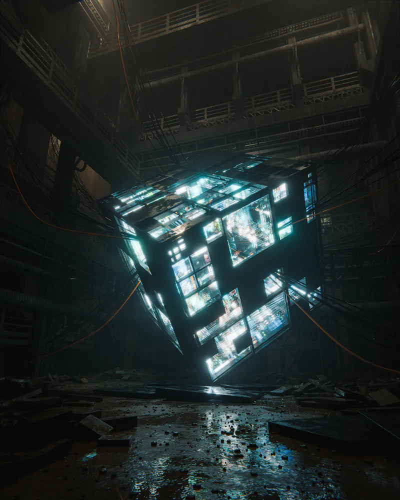 Glowing lattice cube in a dark industrial hall