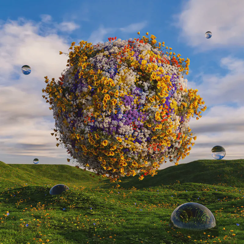 Giant sphere of wildflowers resting on a grassy hill
