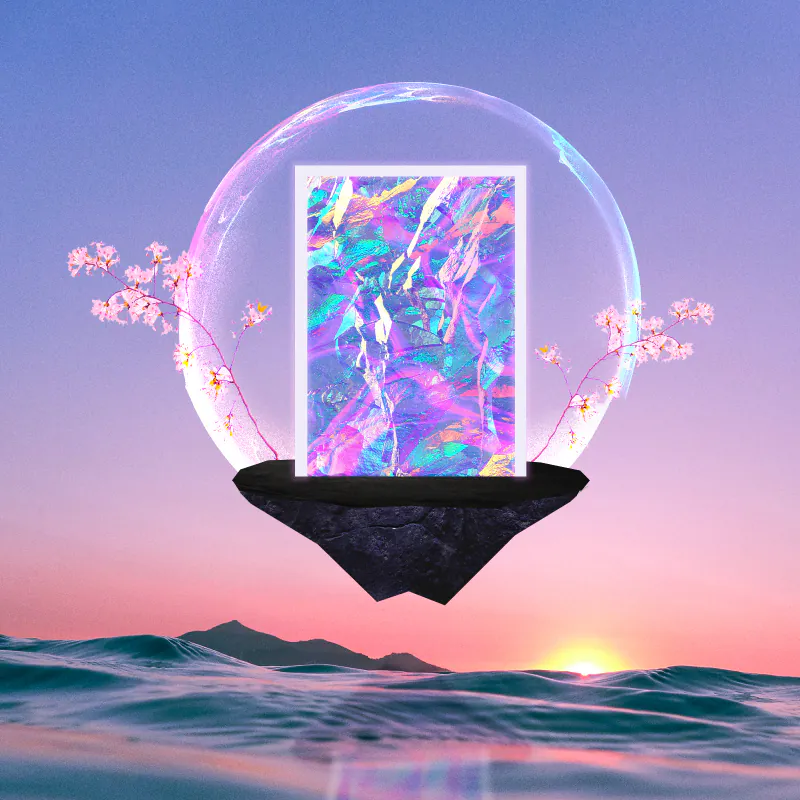 Glass dome holding a holographic panel over a sunset sea