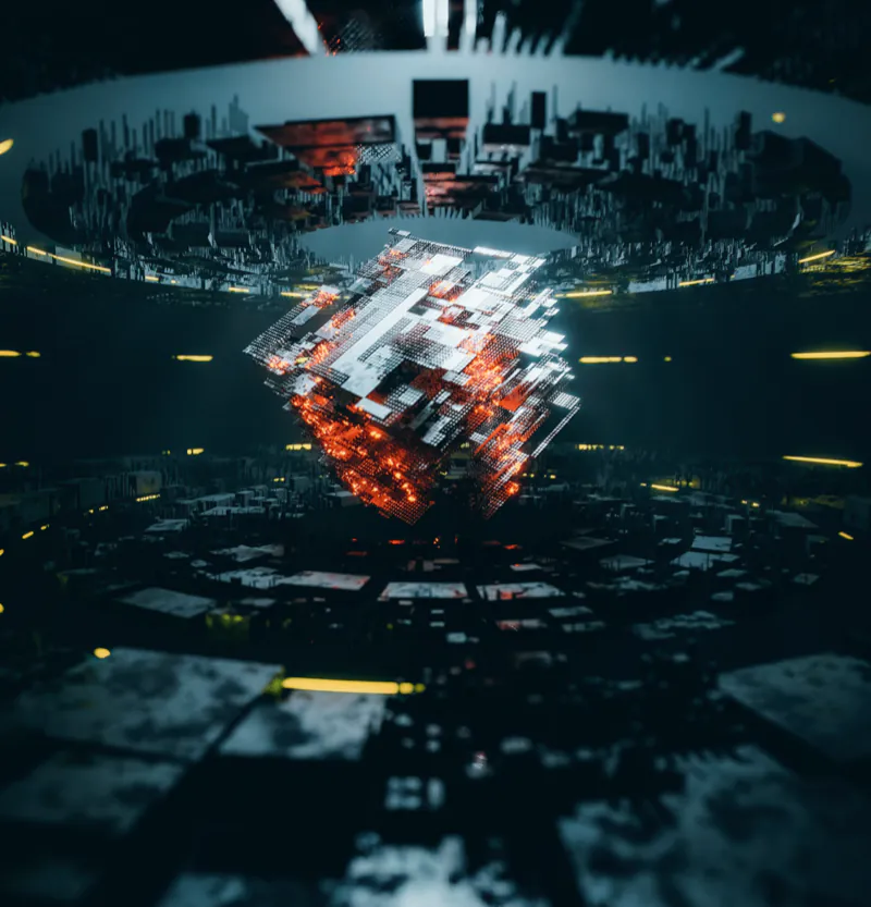Shattered red cube suspended over a dark reflective city