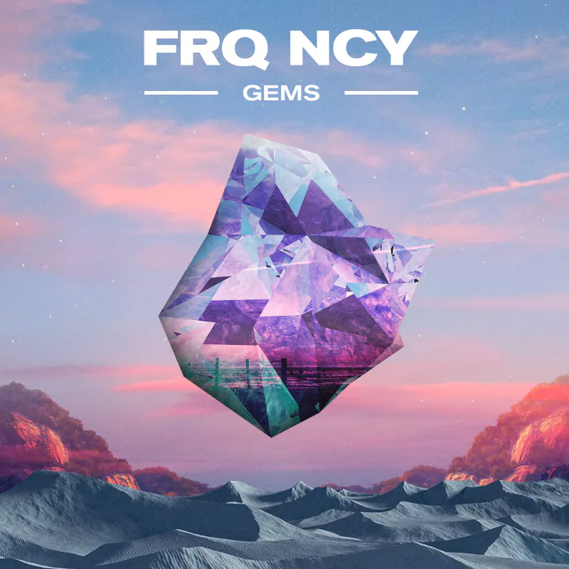 FRQ NCY "Gems" cover: a faceted crystal over pink mountains