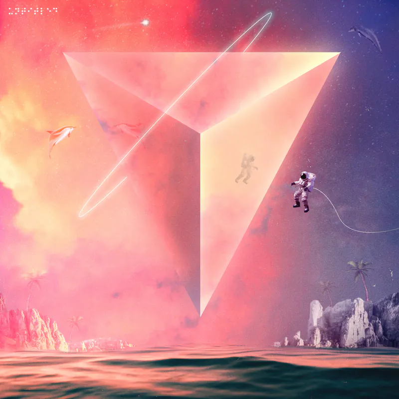 Glowing glass pyramid hovering over a coral-pink sea