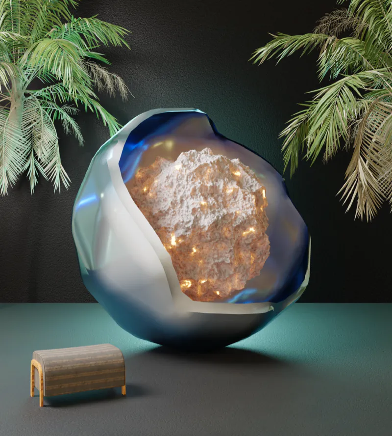 Cracked chrome sphere revealing a gold core among palms