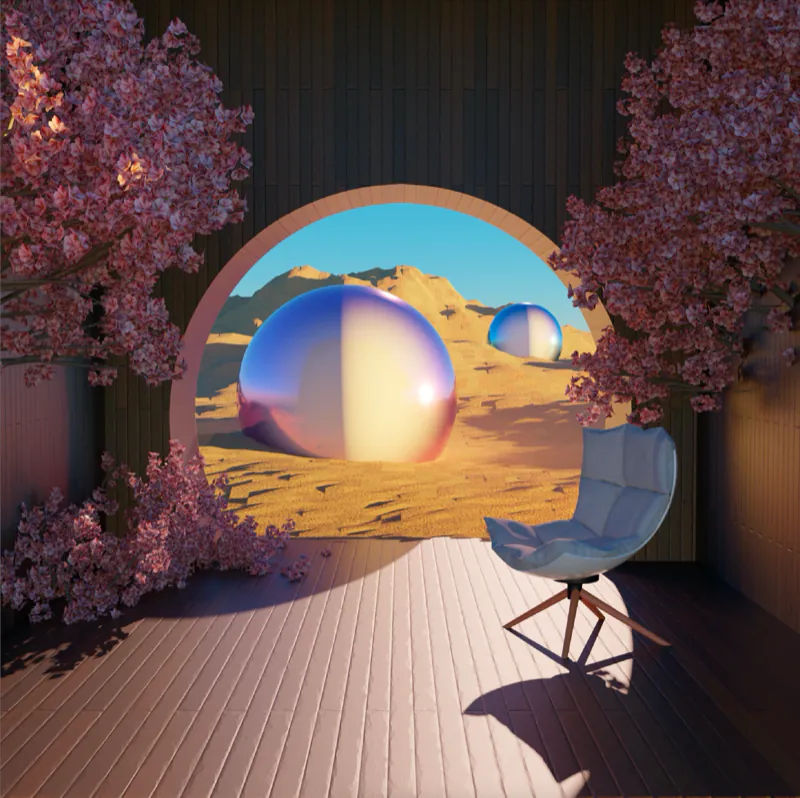Portal of blossoms framing a golden sphere in a desert