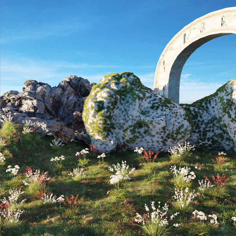 Moss-covered boulder and stone arch in a flowering landscape