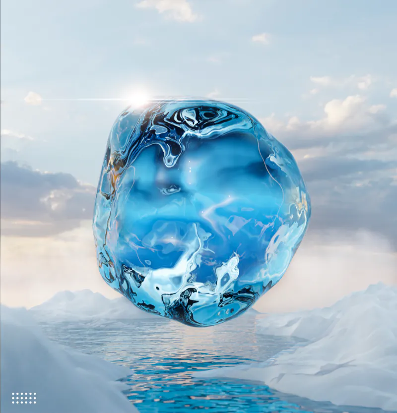 Blue ice sphere floating over a frozen sea