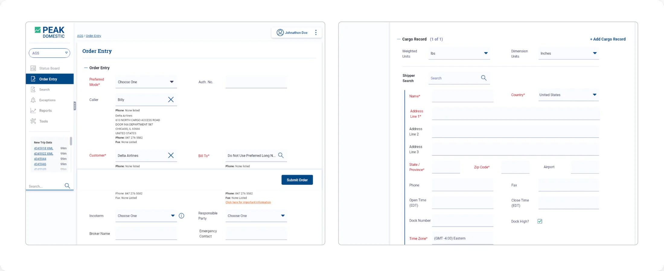 Two legacy Order Entry screens: one long form of loosely aligned fields, and a cargo record form with dozens of unlabeled-looking inputs