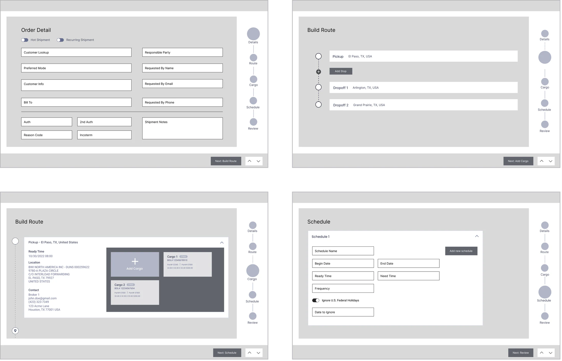 Four low-fidelity wireframes with the vertical stepper on the right: Order Detail, Build Route with stops, Build Route with cargo cards, and Schedule