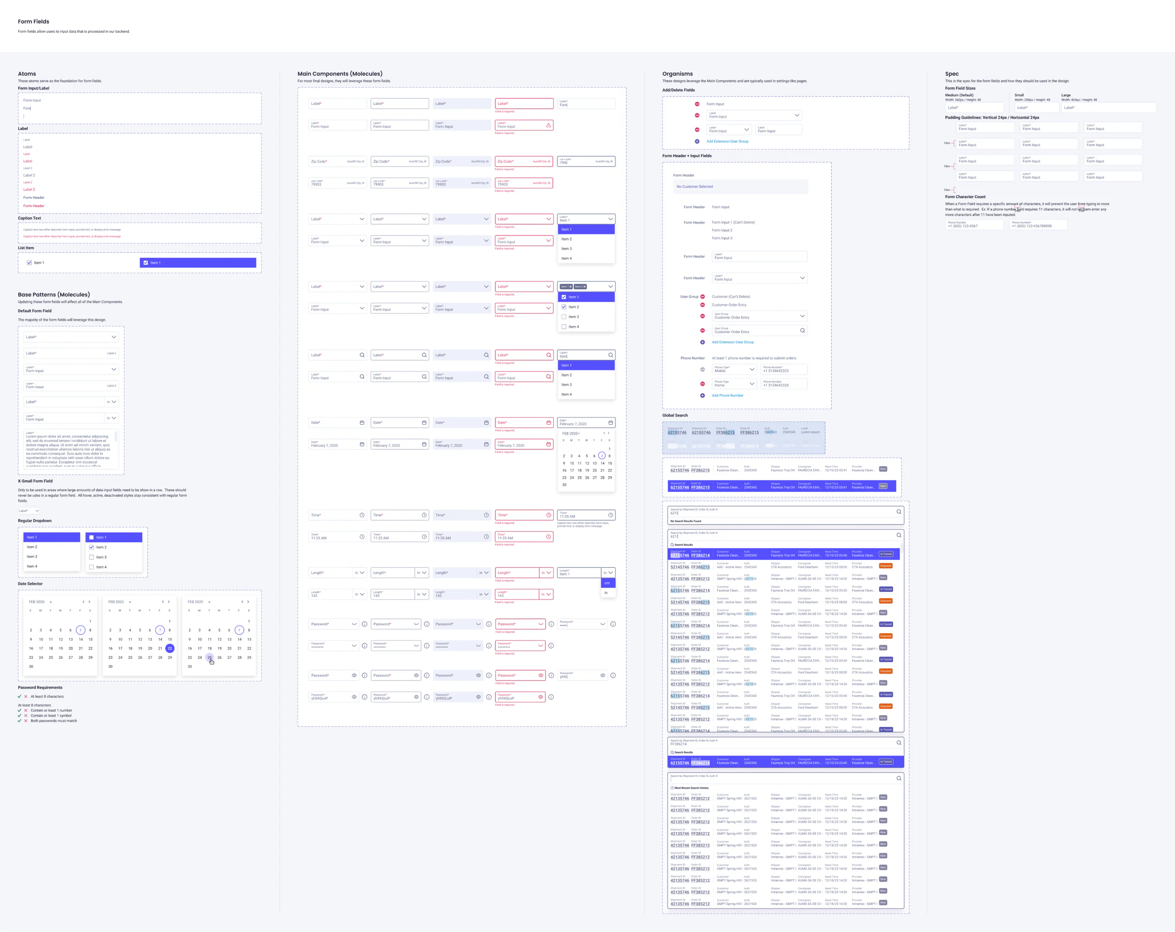 The form fields board, from atoms through molecules to organisms: text, select, date, time and password fields in every state, form header groups and the global search results