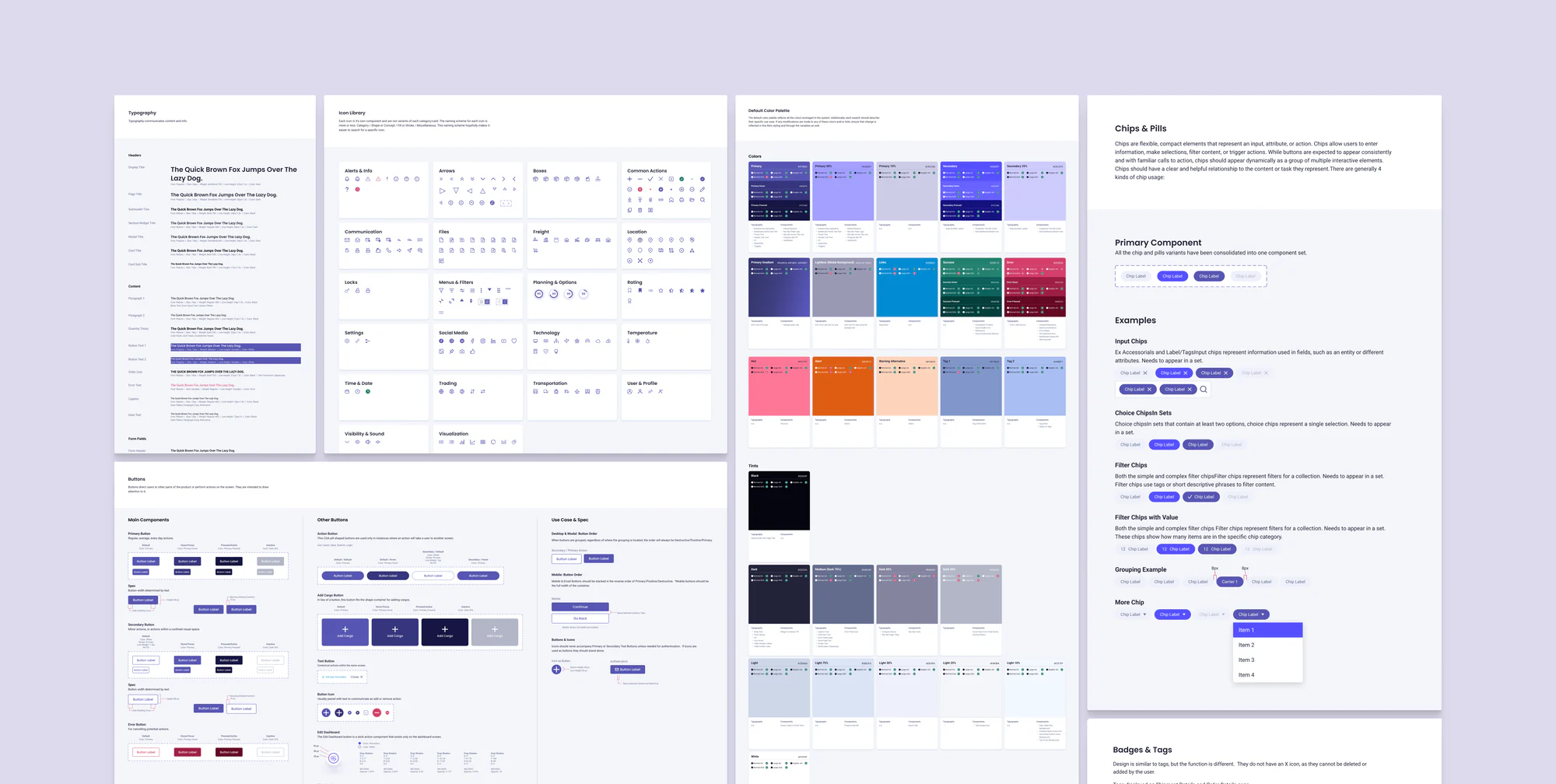 Five PEAK design system boards on a lavender field: typography, the icon library, the default color palette, chips and pills, and buttons